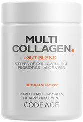 Codeage Multi Collagen Gut Blend bottle with capsules supporting daily digestive comfort.