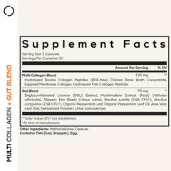Close-up of Codeage Multi Collagen Gut Blend capsules highlighting hydrolyzed collagen sources.