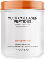 Codeage Multi Collagen powder bottle front showing unfl flavored formula for versatile mixing