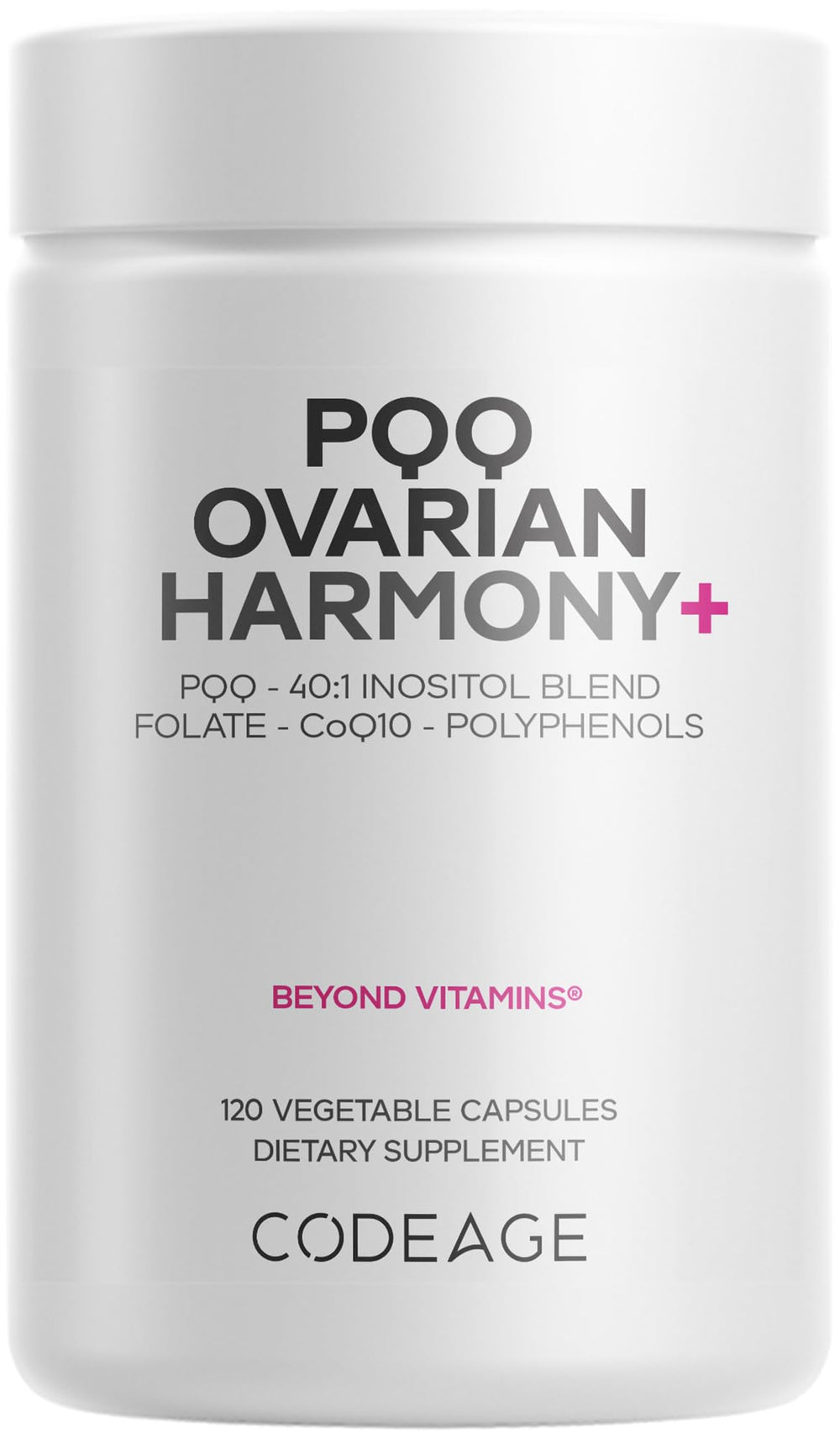 Codeage PQQ Ovarian Harmony+ bottle front view with capsules