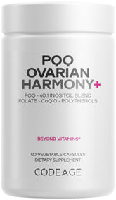 Codeage PQQ Ovarian Harmony+ bottle front view with capsules