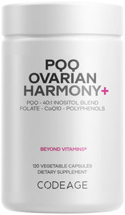 Codeage PQQ Ovarian Harmony+ bottle front view with capsules
