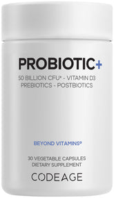 Codeage Probiotic+ 50 Billion CFU bottle with label shows 12 strains, supporting a balanced gut environment.