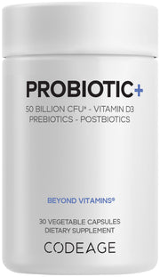 Codeage Probiotic+ 50 Billion CFU bottle with label shows 12 strains, supporting a balanced gut environment.