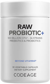 Codeage Raw Probiotic+ bottle with 34 strains may support digestion