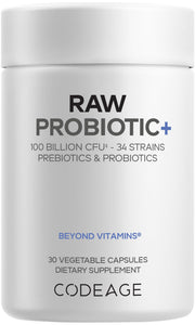 Codeage Raw Probiotic+ bottle with 34 strains may support digestion