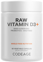 Codeage Raw Vitamin D3+ bottle on a kitchen counter for daily wellness.