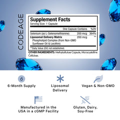 Codeage Selenium 200 mcg liposomal label closeup highlighting non-GMO ingredients.