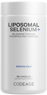 Codeage Selenium 200 mcg liposomal capsules bottle shows six-month supply for easy daily use.