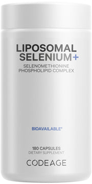 Codeage Selenium 200 mcg liposomal capsules bottle shows six-month supply for easy daily use.
