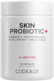 Codeage Skin Probiotics bottle front view highlighting shelf stable formula for daily use.