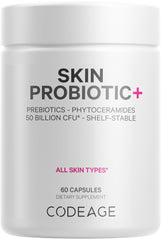 Codeage Skin Probiotics bottle front view highlighting shelf stable formula for daily use.