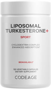 Codeage Turkesterone bottle with label visible, highlighting vegan, gluten-free sports supplement.