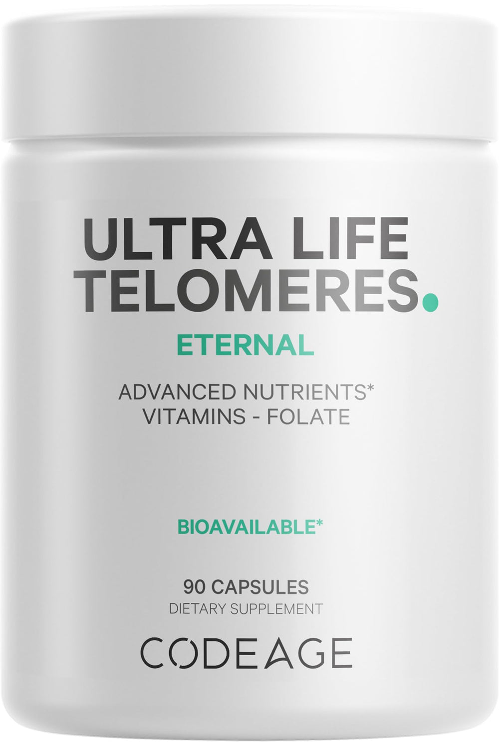 Codeage Ultra Life Telomeres bottle front promotes daily wellness support.