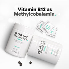 Codeage Ultra Life Telomeres outer packaging emphasizes USA manufacturing and non-GMO.