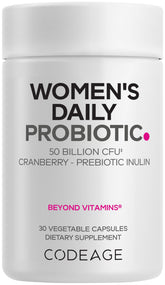 Codeage Women’s Daily Probiotic bottle showing 50B CFU per capsule for daily balance