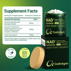 CodinAgrin NAD+ bottle nutrition label close-up highlighting non-GMO vegan formula