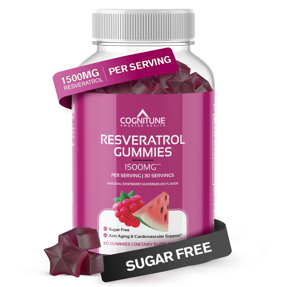 CogniTune Resveratrol Gummies bottle with raspberry-watermelon flavor for daily antioxidant support.