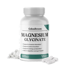 ColonBroom Magnesium Glycinate capsules label close-up shows purity and mg per serving.