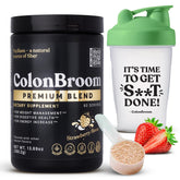 ColonBroom strawberry powder jar — convenient fiber for gut health.