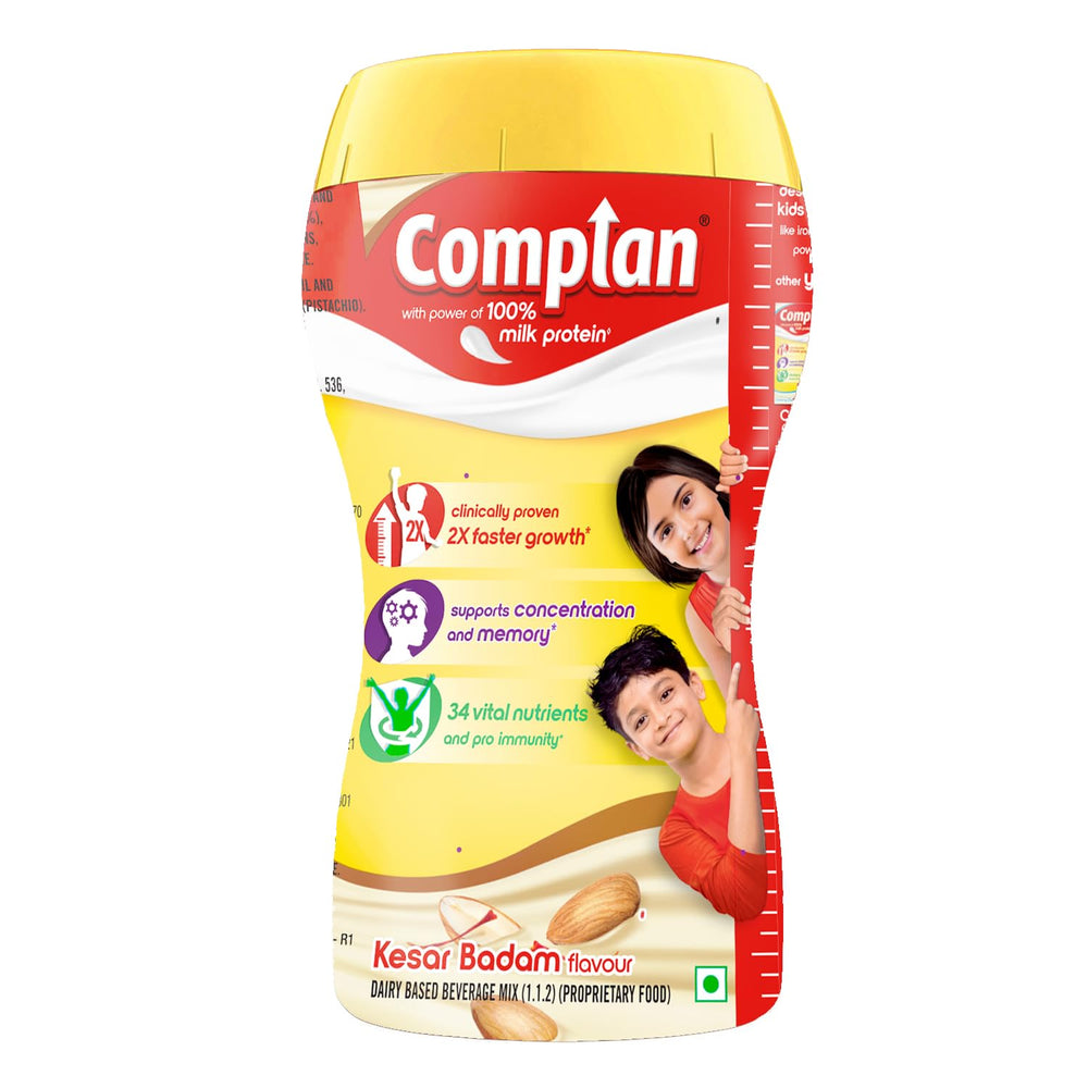 Complan Kesar Badam powder can labeled for daily nutrition and growth support