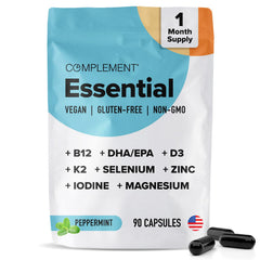 Complement Essential Vegan Multivitamin bottle front showing daily energy support