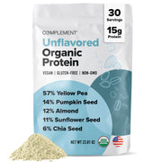 Complement Organic Unflavored Protein Powder tub shown for a clean plant-based protein boost.