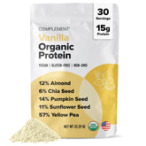 Complement Vanilla Vegan Protein Powder tub shown as a premium organic protein source for daily shakes