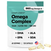 Complement Vegan Omega-3 bottle front displays plant-based fatty acids for daily wellness.