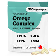Complement Vegan Omega-3 bottle front displays plant-based fatty acids for daily wellness.