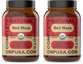 Complete Natural Products red maca bottle shows organic capsules for daily use