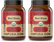 Complete Natural Products red maca bottle shows organic capsules for daily use