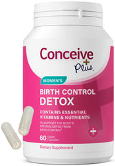 CONCEIVE PLUS Birth Control Detox bottle pour showing easy daily capsules for balance.