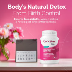 CONCEIVE PLUS Birth Control Detox capsules close-up for daily prenatal-like support.