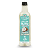 Conscious Food MCT Oil bottle close-up highlighting pure coconut origin for clean energy.