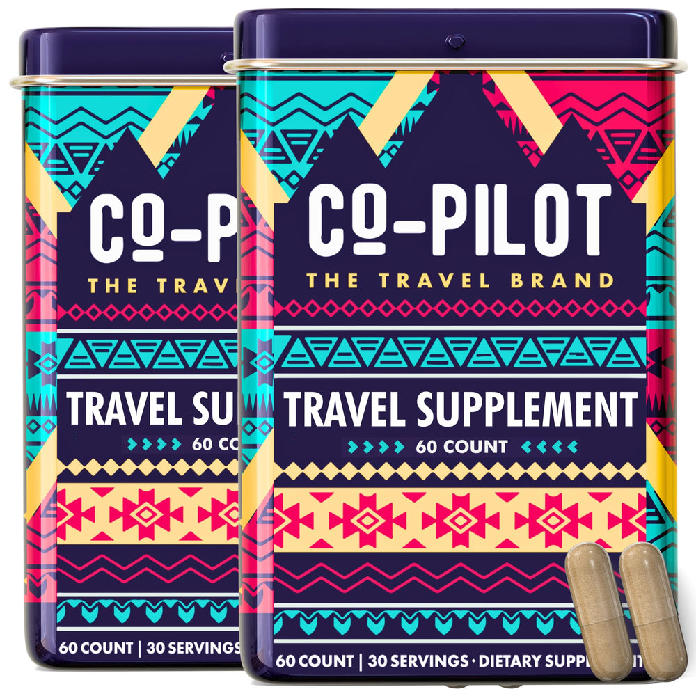Co-Pilot The Travel Brand jet lag remedy bottle helps clear mornings after long flights.
