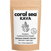 Coral Sea Kava powder shows premium noble roots in a jar, ready for ceremonial use.