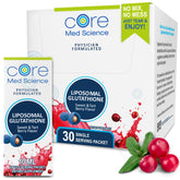 Core Med Science Liposomal Glutathione box with Sweet & Tart Berry flavor and ready-to-use sachets.