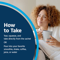 Pour-ready view shows mixability into beverages with liposomal delivery.