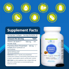 Core Med Science vitamin C softgels close-up highlighting smooth, easy-to-swallow form