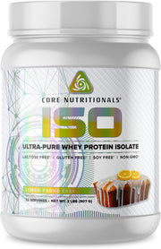 Core Nutritionals Iso Whey Protein tub with label, highlighting purity and 25 g protein per serving