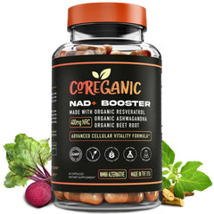 Coreganic NAD+ bottle front shows clean label and energy support.
