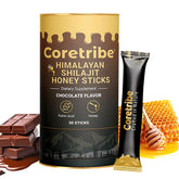 Coretribe Himalayan Shilajit Honey Stick pouring with dark chocolate for energy
