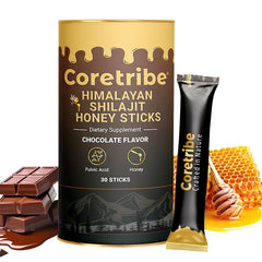 Coretribe Himalayan Shilajit Honey Stick pouring with dark chocolate for energy