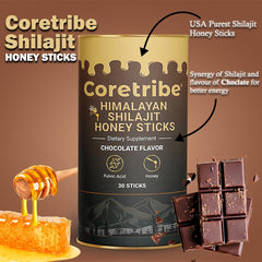 Coretribe Shilajit honey stick on spoon showing rich honey and chocolate flavor for energy