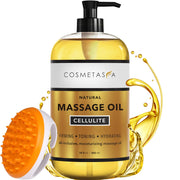 Cosmetasa cellulite oil with massager mitt bottle for easy application and deep moisturization.