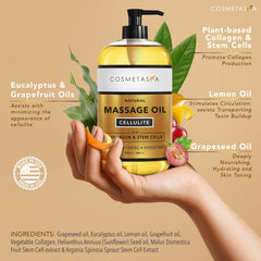 Cosmetasa cellulite oil pour action ideal for easy massage sessions.