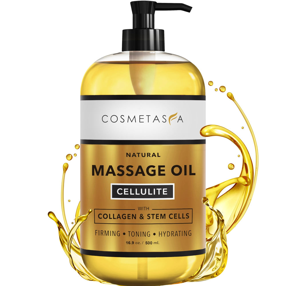Cosmetasa large cellulite oil bottle for at-home firming and moisturization.