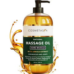 Cosmetasa sore muscle massage oil bottle with arnica and peppermint aroma
