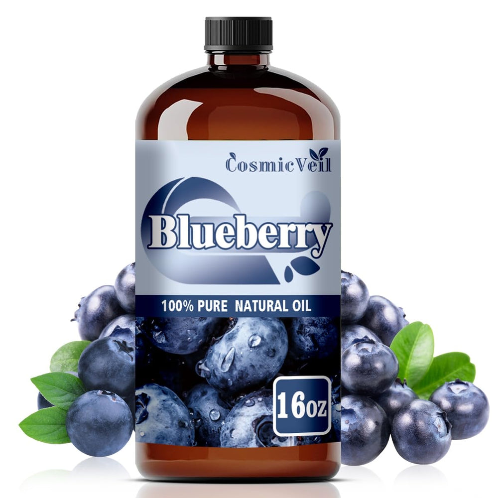 CosmicVeil blueberry essential oil bottle in amber glass for purity and aroma